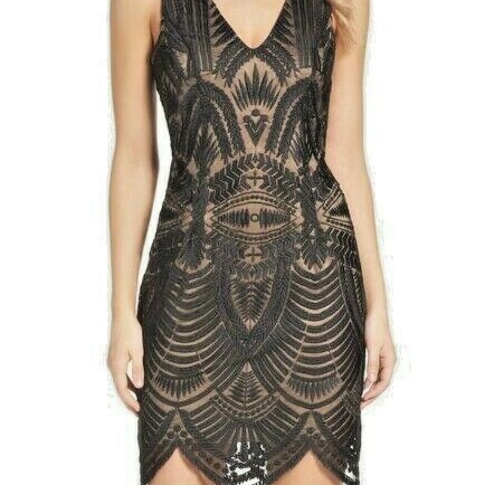 Bardot Embroidred Lace Overlay Scallop Hem Dress